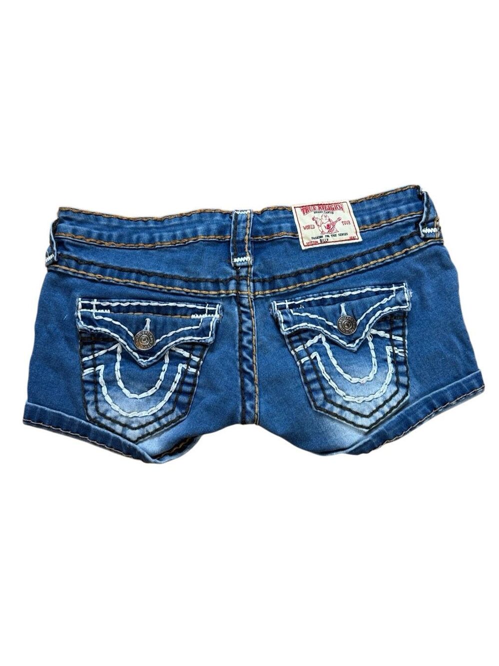 Y2K Vintage True Religion Micro Mini Denim Shorts Super T Back Flap Pockets Size